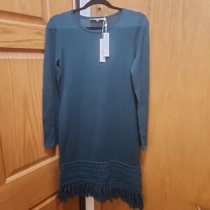 Trina Turk Over Ice Long Sleeve Tassel Wool Green Sweater Dress Size Medium